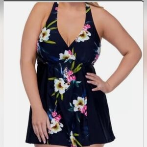 Island Escape Plus Size Tahiti Beach Underwire Swimdress Black Sz 20